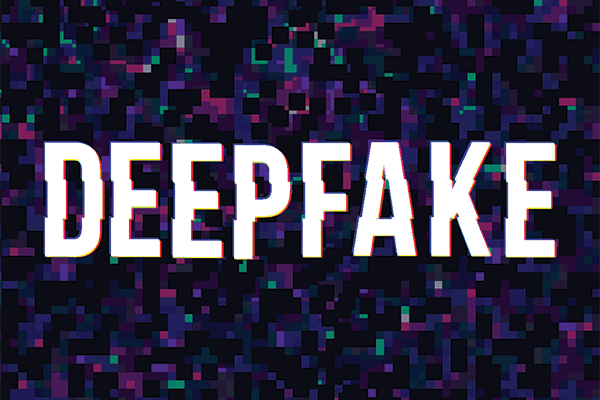 the word Deepfake over a digitally glitching background