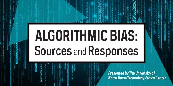 the words Algorithmic Bias: Sources and Responses over a background of stylized computer code