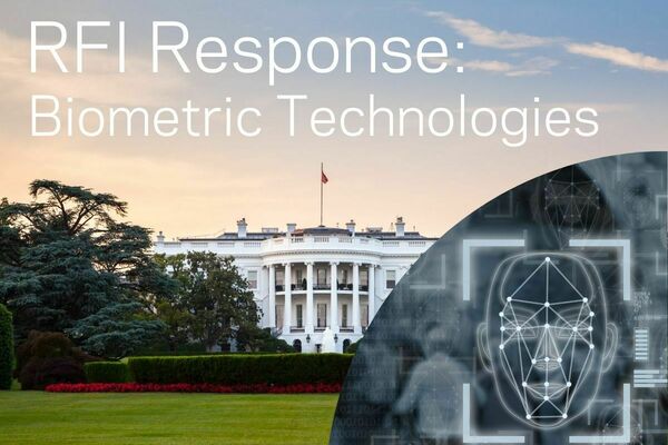 text that reads "RFI Response: Biometric Technologies," with a photo of the White House in the background and an inset depicting facial recognition