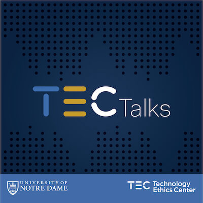 the words TEC Talks against a digitized background and above logos for Notre Dame and ND TEC