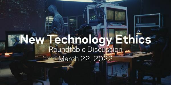 the words New Technology Ethics: Roundtable Discussion over a photo of military members working with computers
