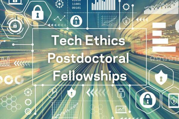 the text "Tech Ethics Postdoctoral Fellowships" centered over a background of graphs, charts, and icons