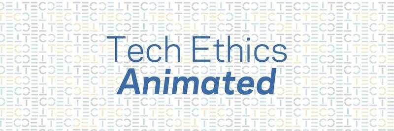 the words Tech Ethics Animated in blue over a background of small TEC acronyms repeating over and over again in gold, blue, and black