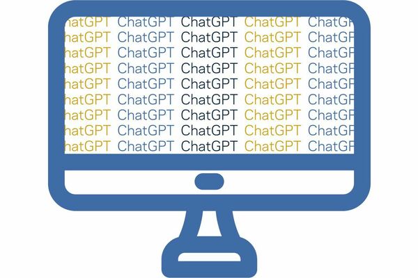 a graphic of a computer screen with the words ChatGPT repeating over and over again in gold, light blue, and dark blue