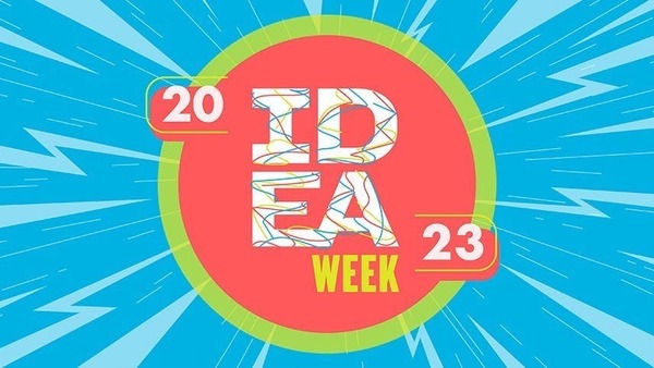 IDEA Week 2023 logo, with the text inside a red circle with a green outline set over a blue background with lighter blue lightning bolts