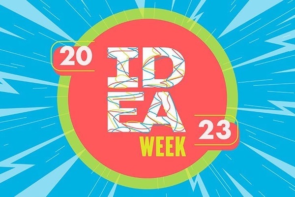 IDEA Week 2023 logo, with the text inside a red circle with a green outline set over a blue background with lighter blue lightning bolts