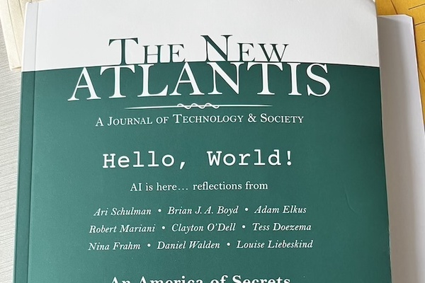 top half of the cover of the summer 2023 issue of The New Atlantis, which has a green background with white text listing all the issue's contributors, including Notre Dame computer science and tech ethics student Clayton O'Dell